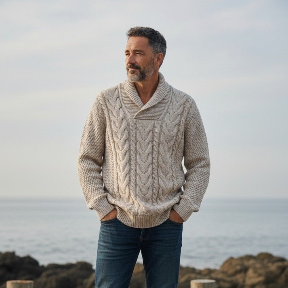 Original Aran Co Mens Wool Cable Knit Shawl Neck Sweater made in Ireland L